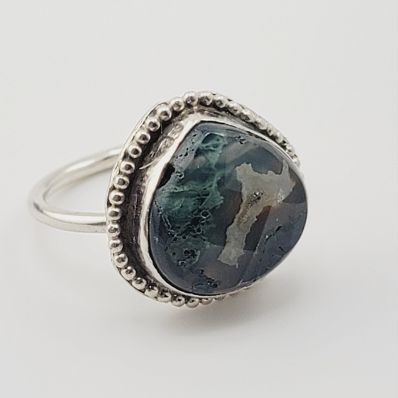 GREEN MOSS AGATE RING HANDMADE IN STERLING SILVER METAL SIZE 8 - Picture 5 of 6